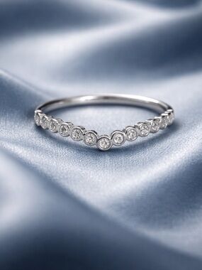 Delicate Silver Bezel-Set Diamond V-Contour Ring - White